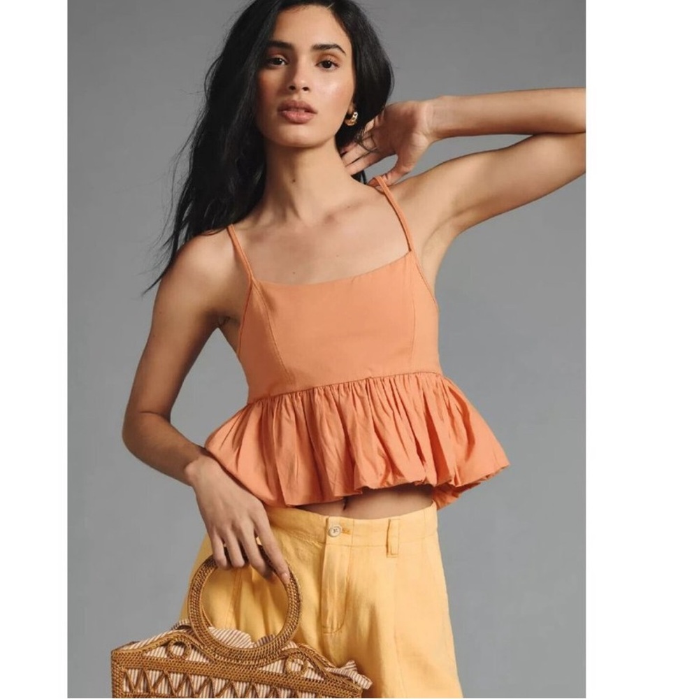 Anthropologie Maeve Women’s Crop Top Size L Orange Ruffled Bubble-Hem Straps